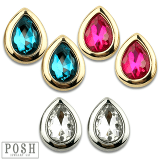 Metal tone rimmed rhinestone teardrop earring - Boutique Bella BellaEarrings