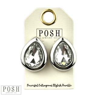 Metal tone rimmed rhinestone teardrop earring - Boutique Bella BellaEarrings