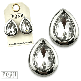 Metal tone rimmed rhinestone teardrop earring - Boutique Bella BellaEarrings