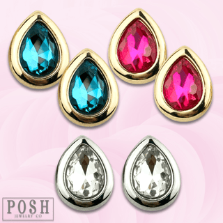 Metal tone rimmed rhinestone teardrop earring - Boutique Bella BellaEarrings
