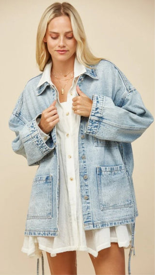 Mid Denim Oversized Side Tie Jacket - Boutique Bella Belladenim jacket