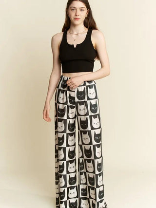 Mid Rise Cat Face Print Straight Leg Satin Pants - Boutique Bella BellaPants