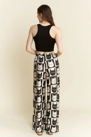Mid Rise Cat Face Print Straight Leg Satin Pants - Boutique Bella BellaPants