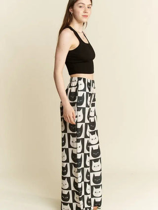 Mid Rise Cat Face Print Straight Leg Satin Pants - Boutique Bella BellaPants
