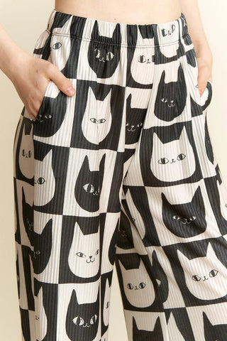 Mid Rise Cat Face Print Straight Leg Satin Pants - Boutique Bella BellaPants