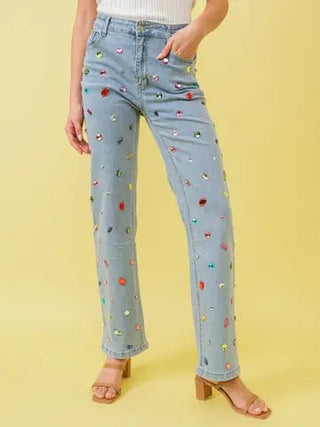 Mid Rise Rainbow Jewel Embellished Denim Jeans - Boutique Bella BellaJeans