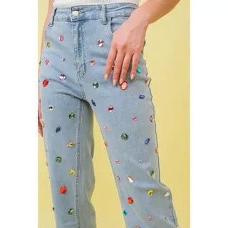 Mid Rise Rainbow Jewel Embellished Denim Jeans - Boutique Bella BellaJeans