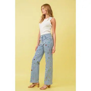Mid Rise Rainbow Jewel Embellished Denim Jeans - Boutique Bella BellaJeans