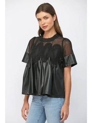 Midnight Lace Faux Leather Top - Boutique Bella BellaBlouse