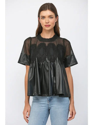 Midnight Lace Faux Leather Top - Boutique Bella BellaBlouse