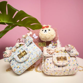 Mini Tweed Pearly Florals Crossbody - Blue - Boutique Bella Bellapurse