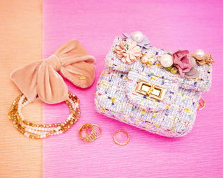 Mini Tweed Pearly Florals Crossbody - Blue - Boutique Bella Bellapurse