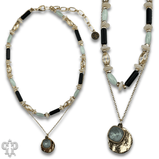 Mixed bead necklace with disc charm and Austrian crystal - Boutique Bella BellaNecklaces