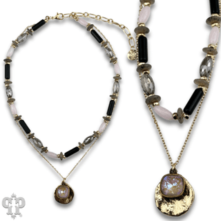 Mixed bead necklace with disc charm and Austrian crystal - Boutique Bella BellaNecklaces