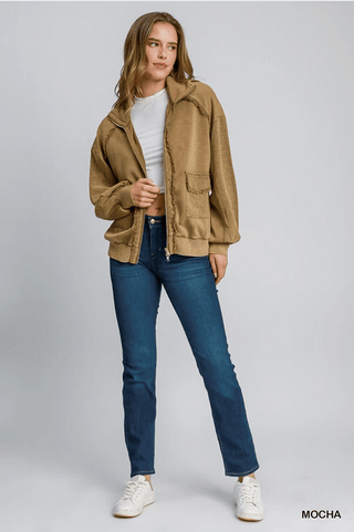 Mocha Mineral Wash Zip Up Jacket - Boutique Bella BellaJacket