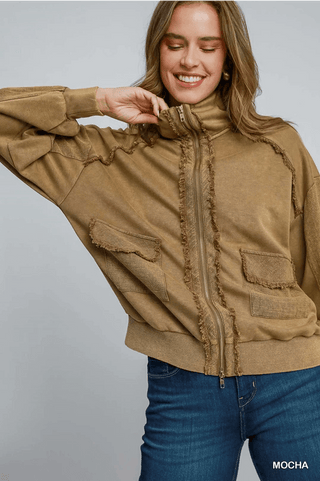 Mocha Mineral Wash Zip Up Jacket - Boutique Bella BellaJacket