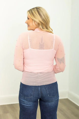 Mock Neck Mesh Top with Pearl Detail Pink - Boutique Bella BellaTops