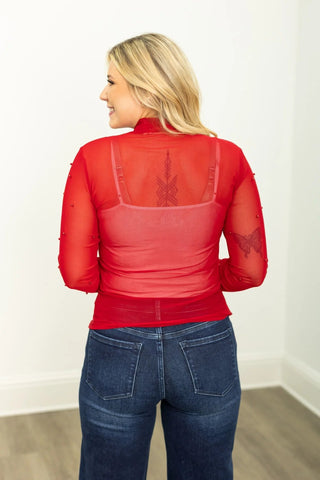 Mock Neck Mesh Top with Pearl Detail Red - Boutique Bella BellaTops