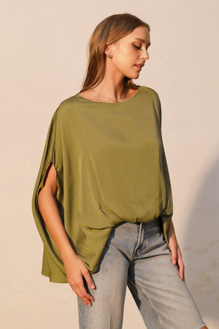 Moonlit Draped Silk Caftan Top - Moss - Boutique Bella BellaTOP