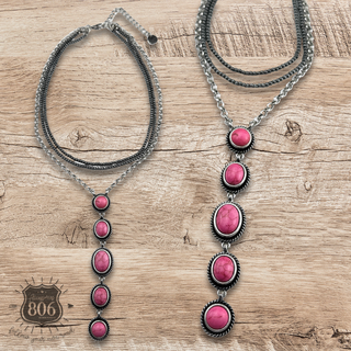 Burnished bead and stone drop Y necklace