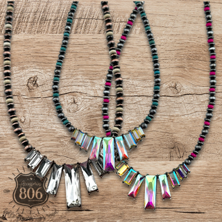 Rhinestone rectangle and burnished bead necklace