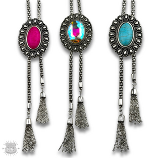 Western silver bolo necklace with oval stone slide