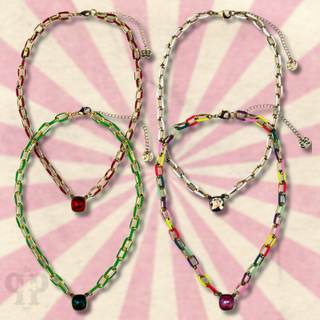 Enamel chain link pendant necklace, Austrian crystal - LC