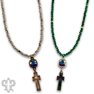 Pearl finish cross charm necklace with Austrian crystal