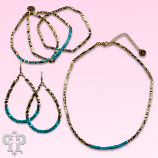 Gold and turquoise square bead teardrop earring