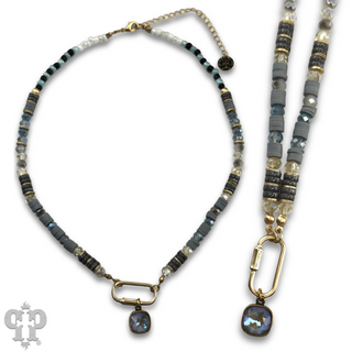 Stone disc and crystal bead necklace with Austrian crystal - LC