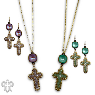 Wire wrapped bead cross necklace with Austrian crystal