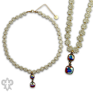 Bead woven flower necklace with Austrian crystal