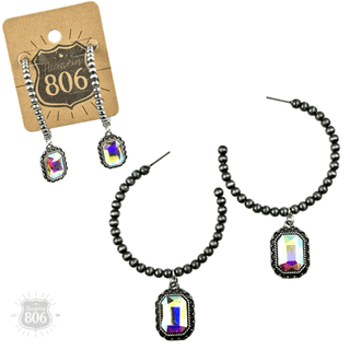 Navajo style bead hoop earring, octagon rhinestone charm - Boutique Bella BellaEarrings
