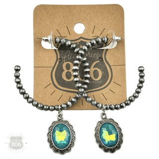 Navajo style bead hoop earring, oval rhinestone charm - Boutique Bella BellaEarrings
