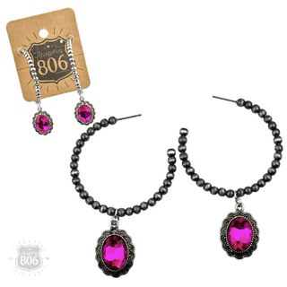Navajo style bead hoop earring, oval rhinestone charm - Boutique Bella BellaEarrings