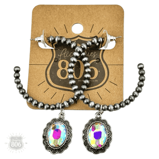 Navajo style bead hoop earring, oval rhinestone charm - Boutique Bella BellaEarrings