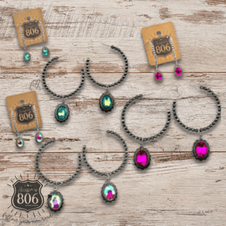 Navajo style bead hoop earring, oval rhinestone charm - Boutique Bella BellaEarrings