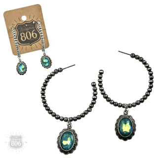 Navajo style bead hoop earring, oval rhinestone charm - Boutique Bella BellaEarrings
