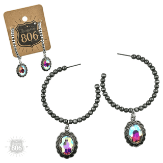 Navajo style bead hoop earring, oval rhinestone charm - Boutique Bella BellaEarrings