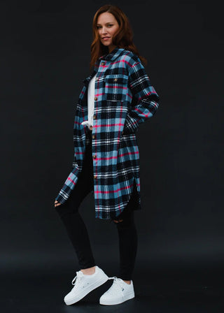 Navy Blue & Pink Plaid Long Flannel - Boutique Bella Bella