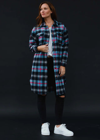 Navy Blue & Pink Plaid Long Flannel - Boutique Bella Bella