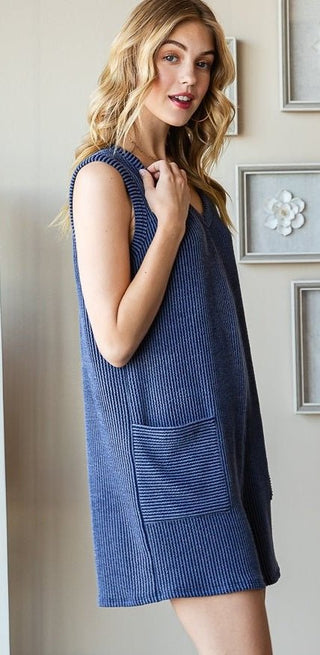 Navy Blue V - Neck Ribbed Knit Jumpsuit - Boutique Bella BellaJumpsuit