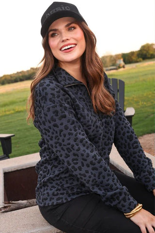 Navy Landon Leopard Quarter Zip Pullover - Boutique Bella Bellapullover