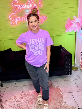 Neon Violet Jesus Loves You Tee - Boutique Bella BellaT-Shirt