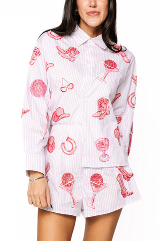 Queen of Sparkles Striped Pink Disco Cowgirl Icon Collared Top