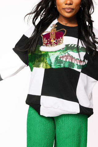 Queen of Sparkles Black & White Checkered Alligator Queen Sweatshirt