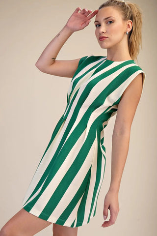 On the Pier Green and White Striped Mini Dress - Boutique Bella BellaDress
