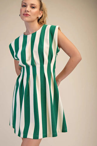 On the Pier Green and White Striped Mini Dress - Boutique Bella BellaDress