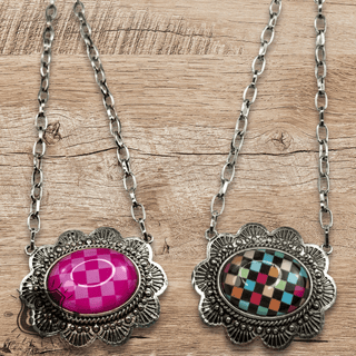 Oval checkerboard pendant necklace - Boutique Bella BellaNecklaces