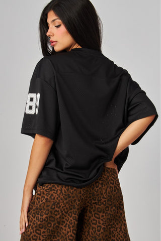 Oversized Gameday Mesh Graphic Jersey T-Shirt in Black - Boutique Bella BellaTop